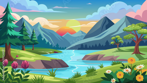 Vector art of vibrant cartoon landscape with majestic mountains, a winding river, lush green hills, and colorful wildflowers under a bright sky with a setting sun