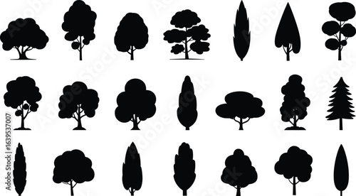 Silhouettes of diverse tree shapes, vector set of various black tree icons including coniferous and broadleaf styles, nature elements