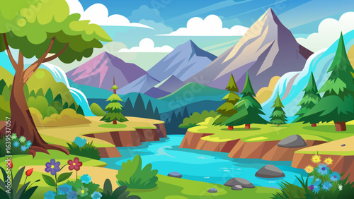 Vector art of enchanting cartoon depiction of a mountain landscape featuring a flowing river, verdant hills, blooming wildflowers, and tall trees under a clear sky