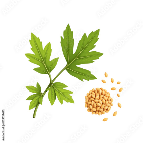 Fenugreek leaves and seeds on transparent background, Ayurvedic spice theme