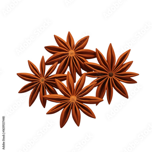 Whole star anise spice arrangement on transparent background, culinary warmth