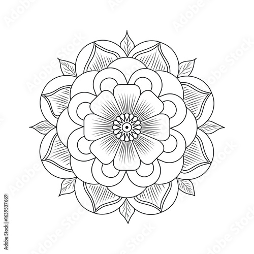 Intricate black and white mandala design with detailed floral patterns and geometric symmetry