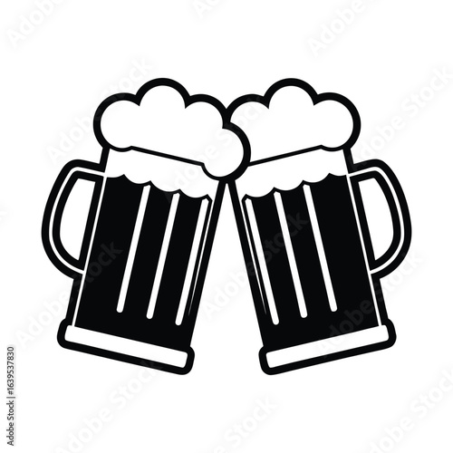 Two frothy beer mugs clinking together in a celebratory toast illustration