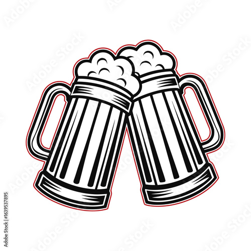 Two frothy beer mugs clinking together in a toast celebration