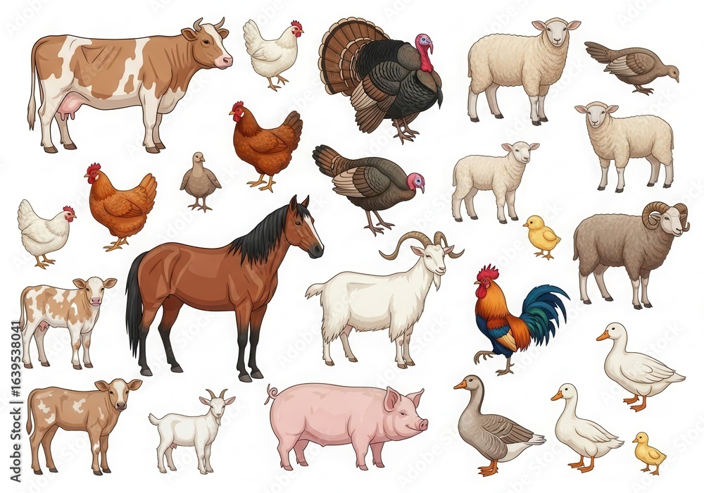 Fototapeta premium Collection of cartoon farm animals including cow, horse, pig, and sheep isolated on a white background