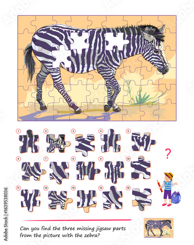 Game find and search. Can you find the three missing jigsaw parts from the picture with the zebra? Logic puzzle for children and adults. Page for kids brain teaser book. Flat hand drawn vector.