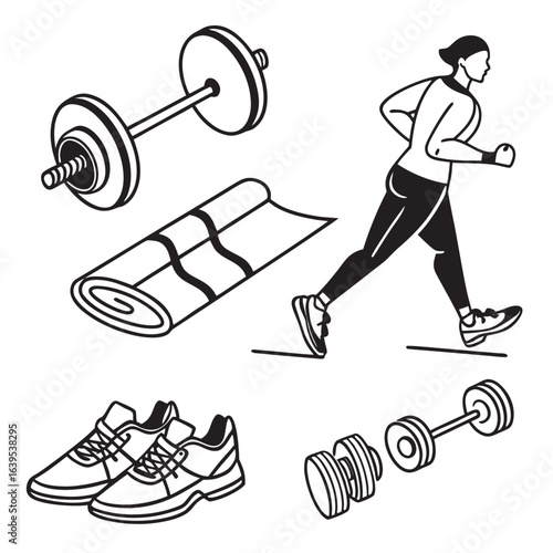 Running woman barbell yoga mat shoes dumbbells fitness