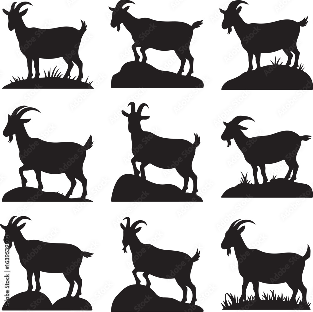 Fototapeta premium Nine Silhouette Goats Standing on Rocks and Grass on White Background animal farm