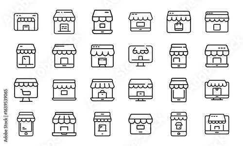 24 E-Commerce and Online Shopping Line Icons Cart, Payment, Delivery, Discount, Customer Service, Order Tracking, Return, and Loyalty Program Vector Icon Set