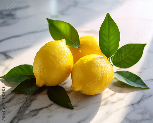 Ripe yellow lemons and green leaves on a branch, bursting with fresh, juicy citrus goodness