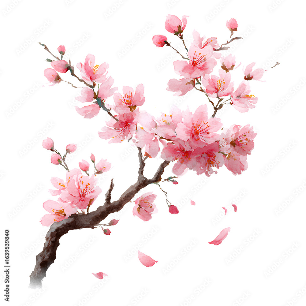 Obraz premium Watercolor Sakura Branch with Pink Blossoms and Gentle Petals Falling, Transparent Background