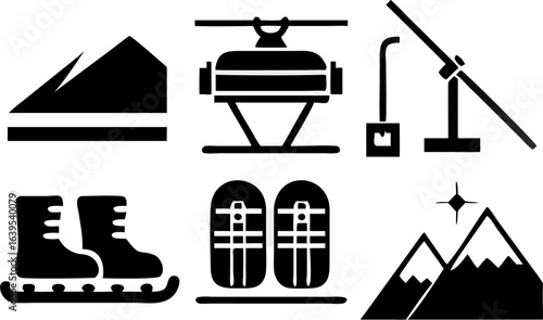Illustration depicting winter sports equipment and mountain landscape in black and white style design | editable eps vectors silhouette