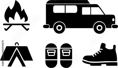 Black silhouettes of camping elements including a van, tent, campfire and hiking boots and shoes | editable eps vectors