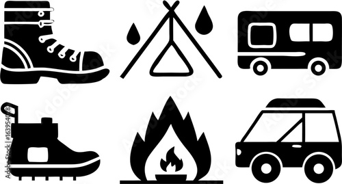 Illustration showing camping equipment including boots tent campfire and recreational vehicles design style | editable eps vectors silhouette