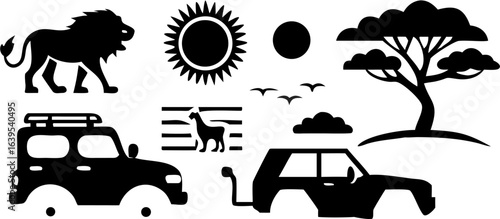 Illustration depicting a lion, sun, birds, tree, llama, clouds, and two off road vehicles in black silhouette | editable eps vectors
