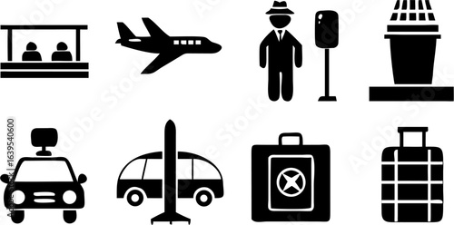 Black and white airport icons depicting an airplane, taxi, luggage, and security personnel symbols | editable eps vectors silhouette