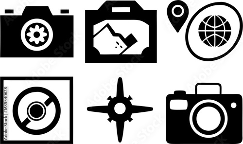 Illustration of photography travel icons including camera landscape location and compass direction tool | editable eps vectors silhouette