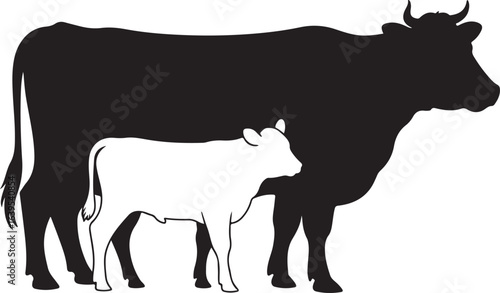 Black silhouette of a cow with a white silhouette of a calf on white background cattle bovine