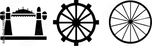 Illustration showing a structure with two pillars and two wheels with spokes on a white background view | editable eps vectors silhouette