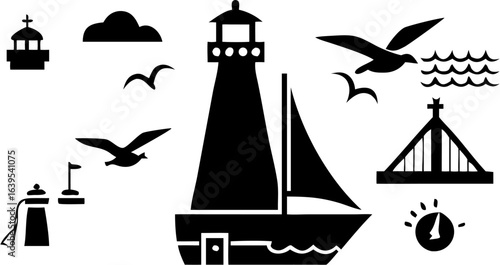 Silhouette illustration featuring a lighthouse sailboat birds and other nautical elements nicely arranged | editable eps vectors