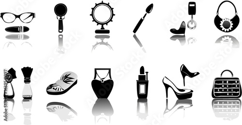 Illustration of various fashion and beauty items including shoes bags and makeup accessories shown in black | editable eps vectors silhouette