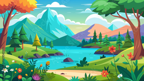 Vector art of vibrant cartoon landscape with majestic mountains, a winding river, lush green hills, and colorful trees under a bright blue sky with fluffy clouds