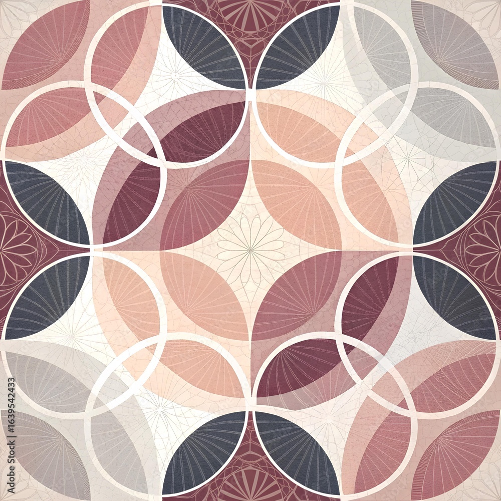 Obraz premium Abstract geometric mosaic with overlapping circles and leaf-like shapes in pink, maroon, gray, and dark blue with intricate line textures