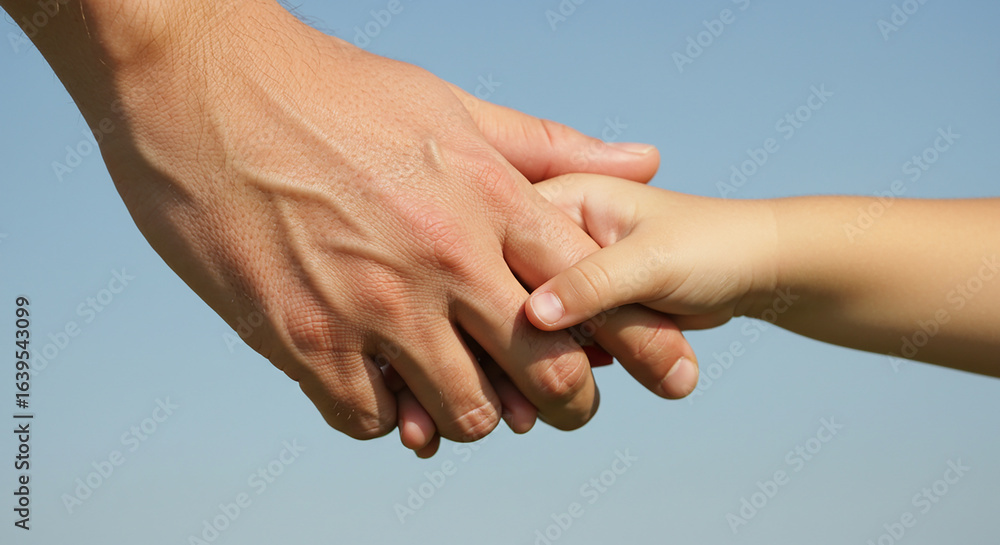 Father and child holding hands on light blue background, closeup
Father and child holding hands on light blue background, closeup