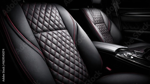 Elegant Black Leather Car Seats with Quilted Design and Red Stitching