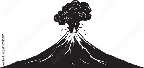 Volcano erupting in silhouette image white backgrpound.