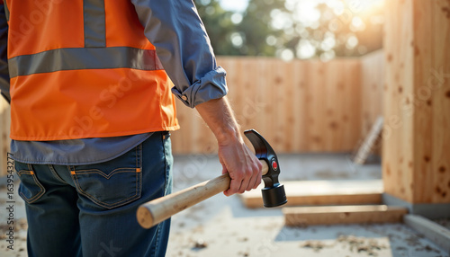Wallpaper Mural Construction worker with hammer holds hammer near the wooden frame, showing his work and professionalism. Construction worker with hammer, wearing safety vest. Torontodigital.ca