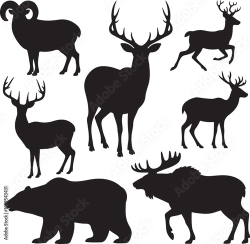 Collection of seven black wildlife animal silhouettes on white background nature mammal