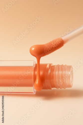 Shimmery orange lip gloss dripping from applicator on peach background.