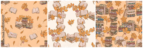 Romantic literature boho folk pattern set. Books and yellow autumn leaves three patterns. School library illustration graphic for design