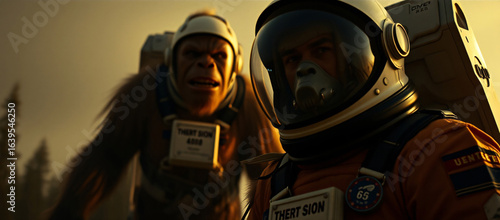 an astronaut and gorilla stand together on an alien planet with a vibrant gradient sky., silhouette, dark