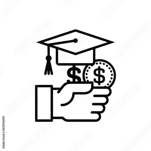 Hand holding graduation cap and coin with dollar sign