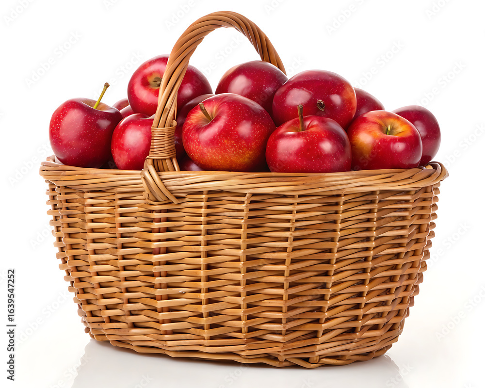 A woven basket filled with bright red apples sitting on a white surface in a studio setting today A woven basket filled with bright red apples sitting on a white surface in a studio setting today