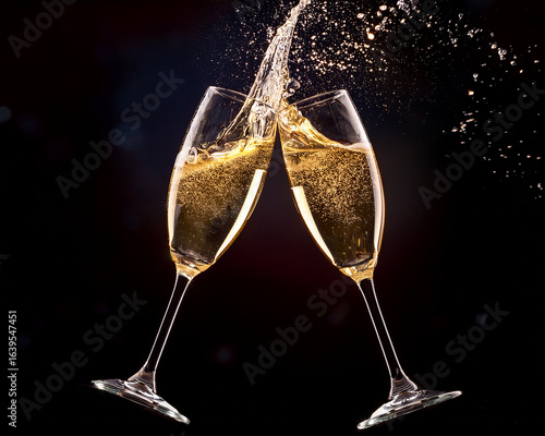 Two elegant flutes of golden champagne, with festive bubbles and crystal clarity, are ready for a celebration