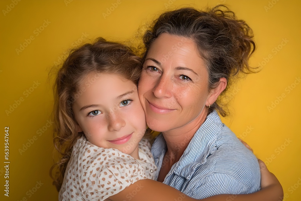 Mother and daughter embrace, warm yellow background. Mother and daughter embrace, warm yellow background.