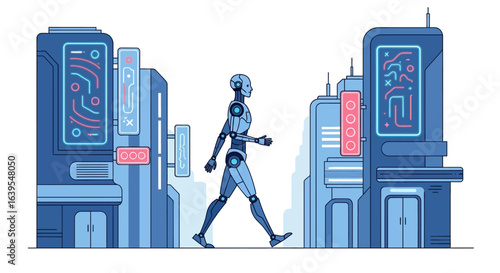 Robot Walking in Futuristic Cityscape Illustration.