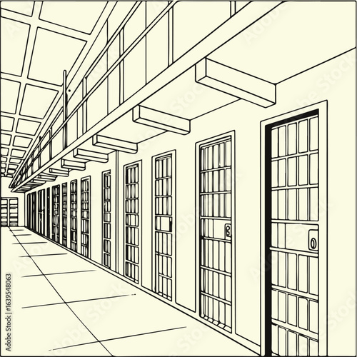 Prison Corridor with Jail Cells Vector Illustration