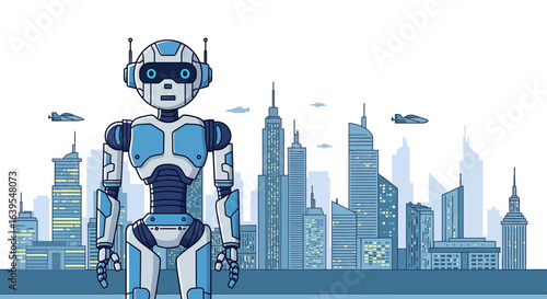 Robot Standing in a Futuristic Cityscape Illustration.