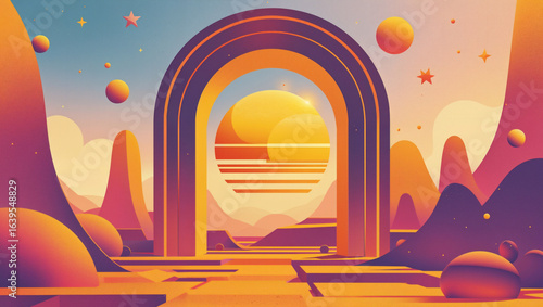 Illustrazione di un paesaggio retro-futuristico surreale con portale e sole arancione