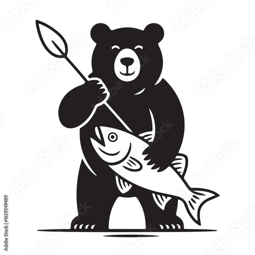 Cartoon bear holding fish and spear icon