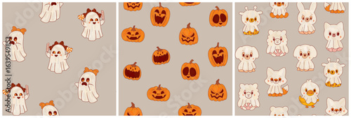 A collection of three festive Halloween patterns in a cute cartoon style and autumnal orange and gray color palette. Pumpkins, ghosts and animals
