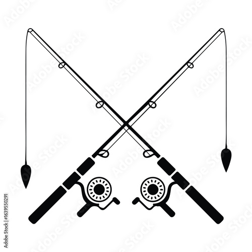 Crossed fishing rods black silhouette angling concept
