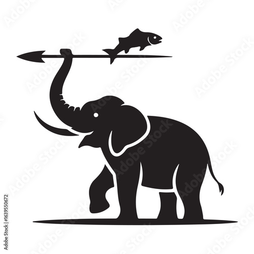 Elephant carrying spear with fish cartoon illustration