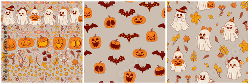 A collection of three festive Halloween patterns in a cute cartoon style and an autumnal orange-gray color palette. Pumpkins, ghosts, botany, leaves, and sweets.
