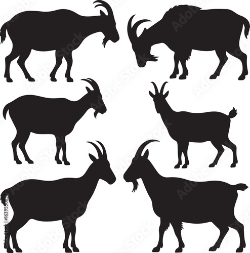 Six Black Goat Silhouettes in Various Poses on a White Background goats animal