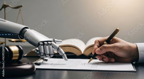 Modern AI collaboration in legal tech: Human hand signing contract assisted by robot arm